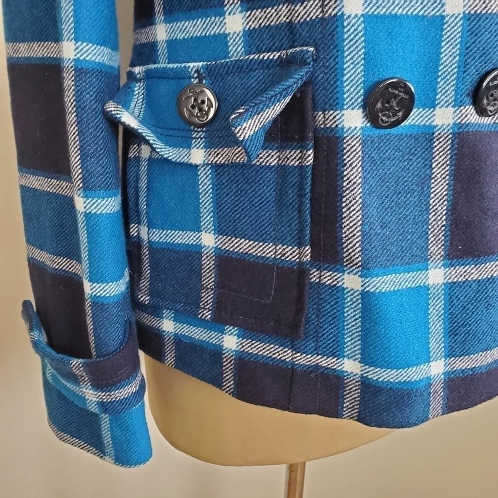 American Eagle Wool Plaid Check Double Breasted Pea Coat Peacoat Jacket AE M Y2K